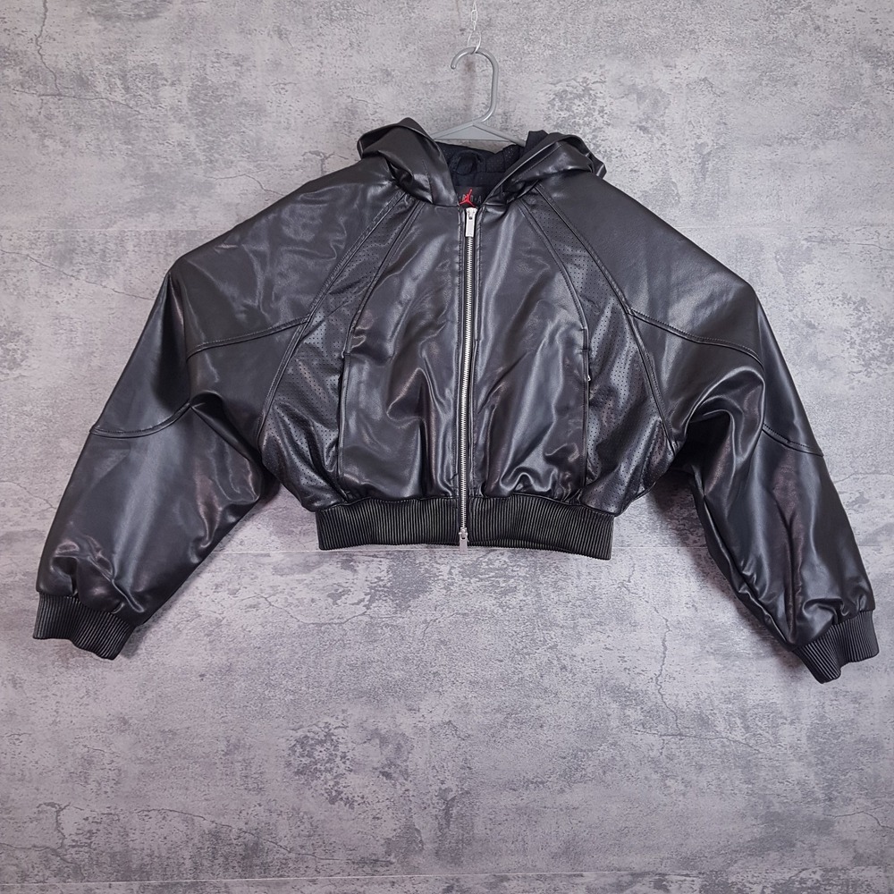 NIKE AIR JORDAN Flight Faux Leather Jacket Womens Size XS Black IF0947-010
